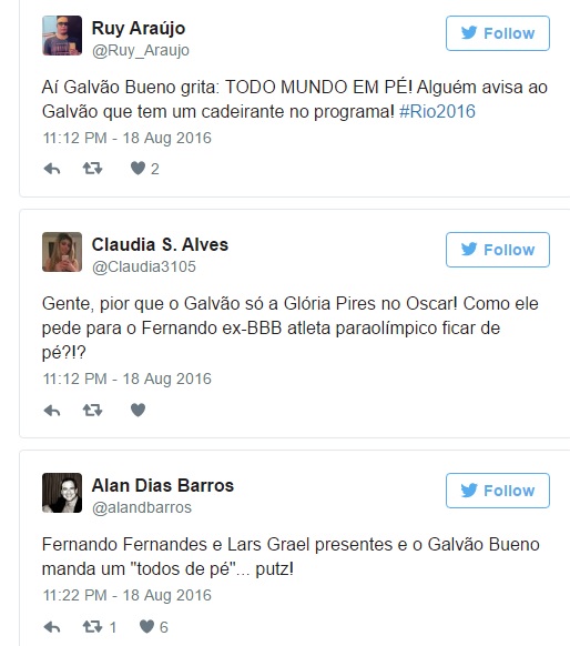 Print dos internautas criticando Galvão Bueno