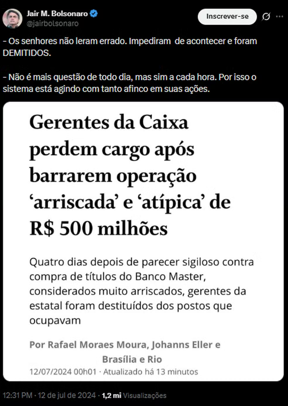 Post em que Bolsonaro comenta notícia sobre a Caixa e o Banco Master — Foto: Reprodução/X